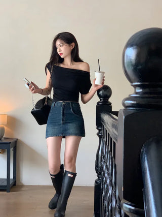 Off-shoulder shirred slit T-shirt (4 colors)