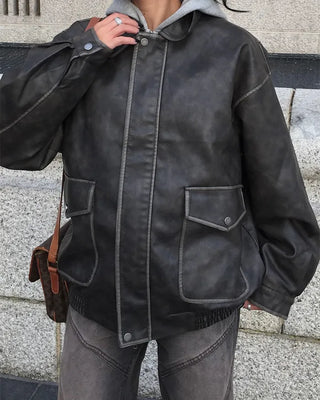 Vintage Washed Flap Pocket Leather Blouson