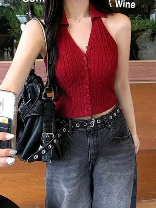 Twist knit cropped halter neck