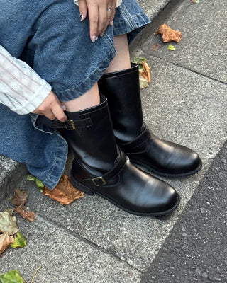 Belt-point mid-calf boots