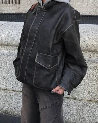 Vintage Washed Flap Pocket Leather Blouson