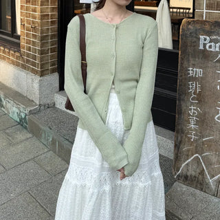 Ribbed Round Neck Slim Cardigan