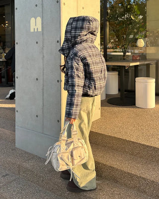 Tartan check hooded short down jacket