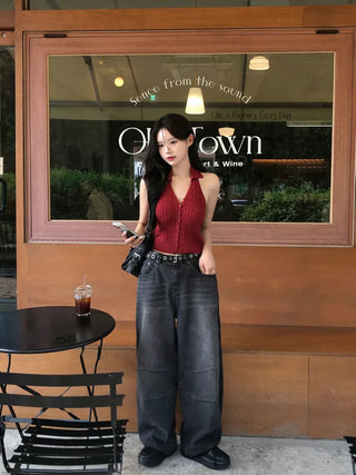 Twist knit cropped halter neck