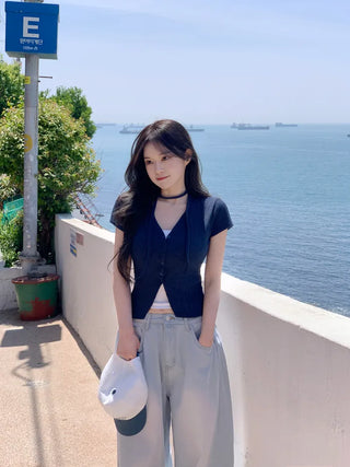 Slim Tie Short-Sleeve Cardigan Set