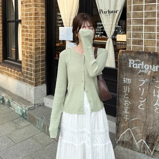 Ribbed Round Neck Slim Cardigan