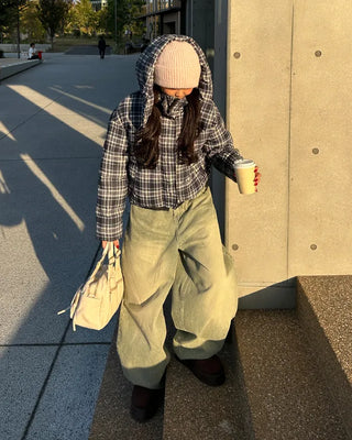 Tartan check hooded short down jacket