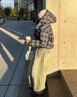 Tartan check hooded short down jacket