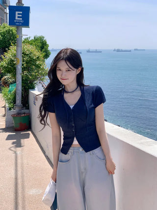 Slim Tie Short-Sleeve Cardigan Set