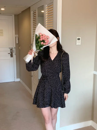 Shoulder padded polka dot wrap dress (2 colors)