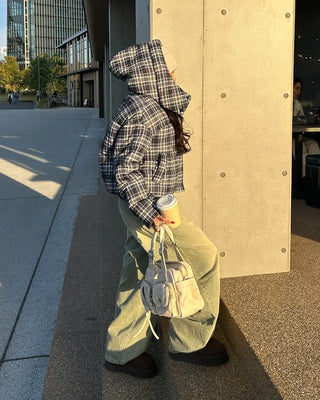Tartan check hooded short down jacket