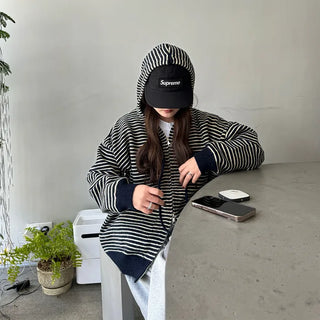 Striped knit hooded zip-up