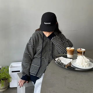 Striped knit hooded zip-up