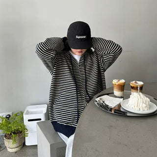 Striped knit hooded zip-up