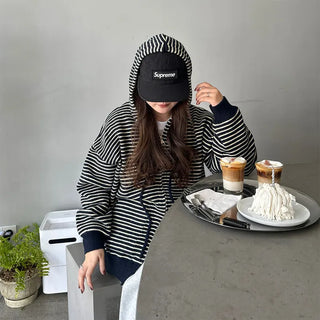 Striped knit hooded zip-up