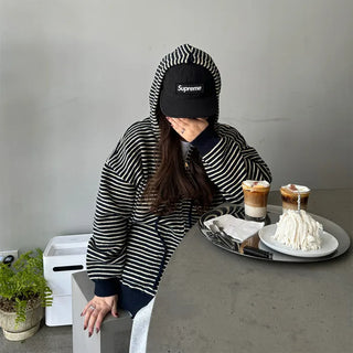 Striped knit hooded zip-up