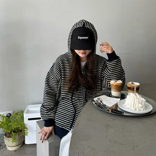 Striped knit hooded zip-up