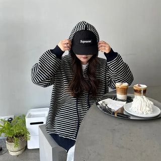 Striped knit hooded zip-up