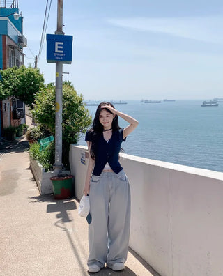 Slim Tie Short-Sleeve Cardigan Set