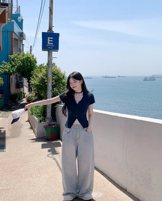 Slim Tie Short-Sleeve Cardigan Set