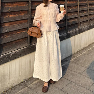 Flower pattern wide-leg pants with elastic waistband
