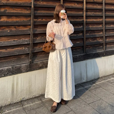 Flower pattern wide-leg pants with elastic waistband