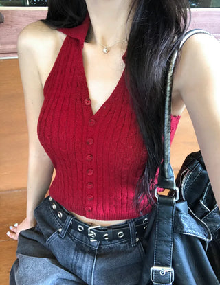 Twist knit cropped halter neck