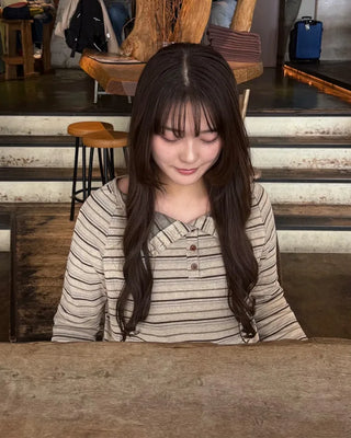Striped button-down off-shoulder T-shirt