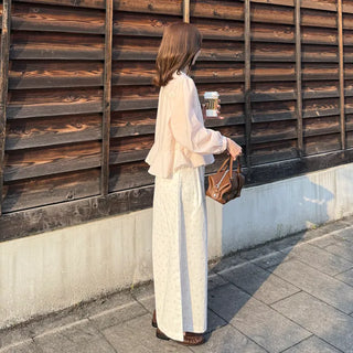 Flower pattern wide-leg pants with elastic waistband