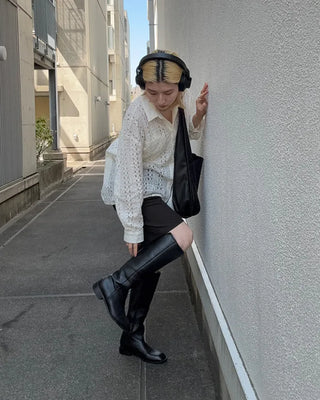 Side-seam almond-toe long boots