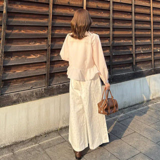Flower pattern wide-leg pants with elastic waistband