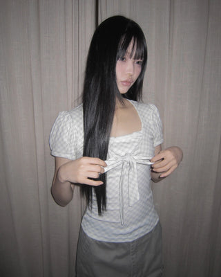 Checked ribbon short-sleeved T-shirt