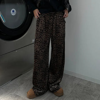 Leopard velvet elastic waist pants