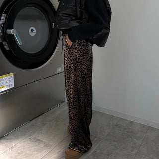 Leopard velvet elastic waist pants