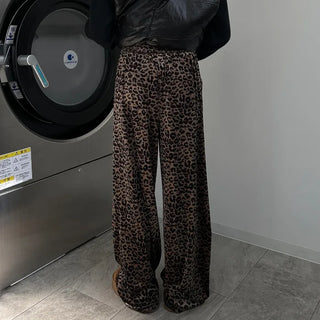 Leopard velvet elastic waist pants