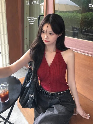 Twist knit cropped halter neck