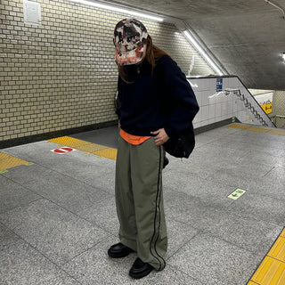 Unisex two-tone wide-leg elastic waist pants