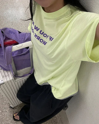Lettering Layered Hem Half T-Shirt
