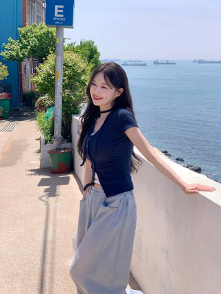 Slim Tie Short-Sleeve Cardigan Set
