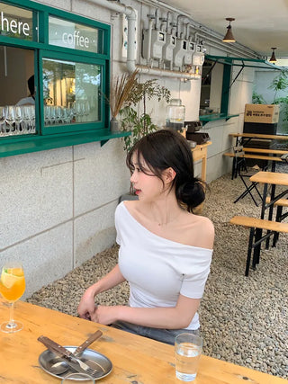 [5 colors] Shirred Off Short Sleeve T-Shirt