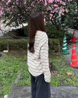 Striped button-down off-shoulder T-shirt