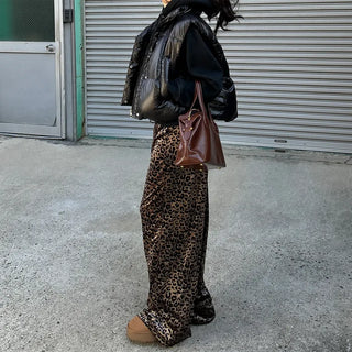 Leopard velvet elastic waist pants