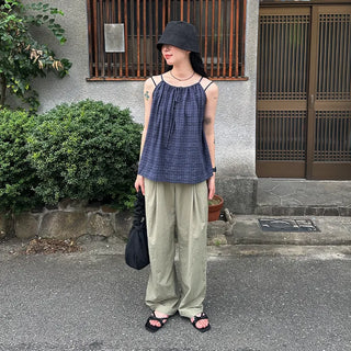 Checked shirred sleeveless blouse
