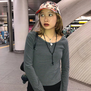 Striped U-neck long-sleeve T-shirt