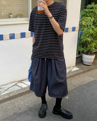 (Unisex) Pleated Wide Denim Bermuda Shorts
