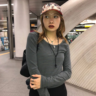 Striped U-neck long-sleeve T-shirt