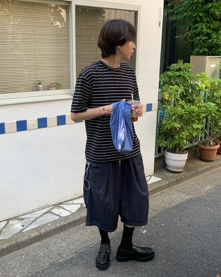(Unisex) Pleated Wide Denim Bermuda Shorts