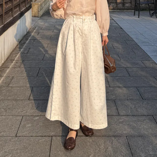 Flower pattern wide-leg pants with elastic waistband