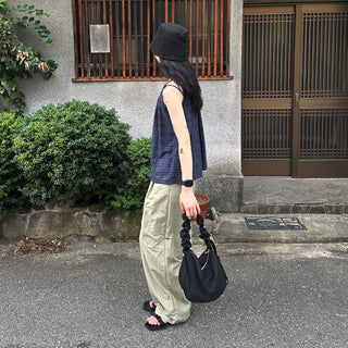 Checked shirred sleeveless blouse