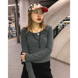 Striped U-neck long-sleeve T-shirt